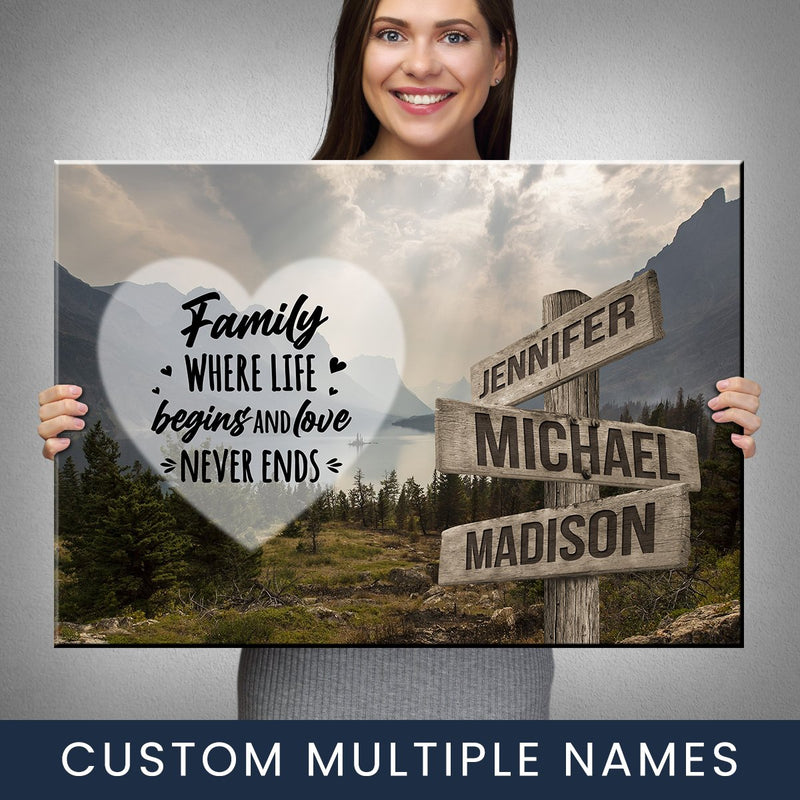 Mountain Range Heart Color Saying 6 Multi-Names Premium Canvas