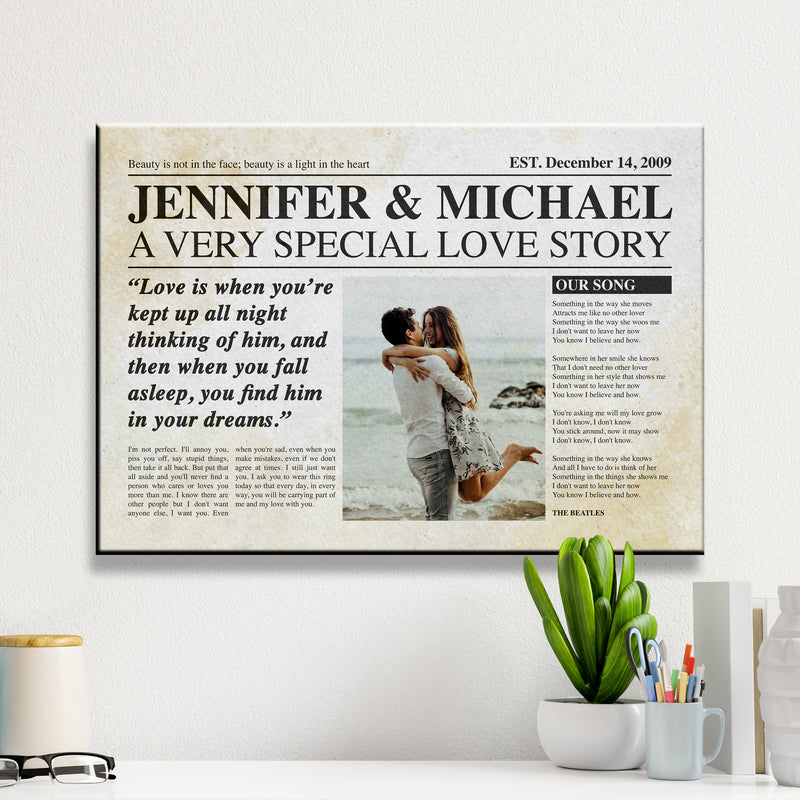 Newspaper Love Story Premium Canvas