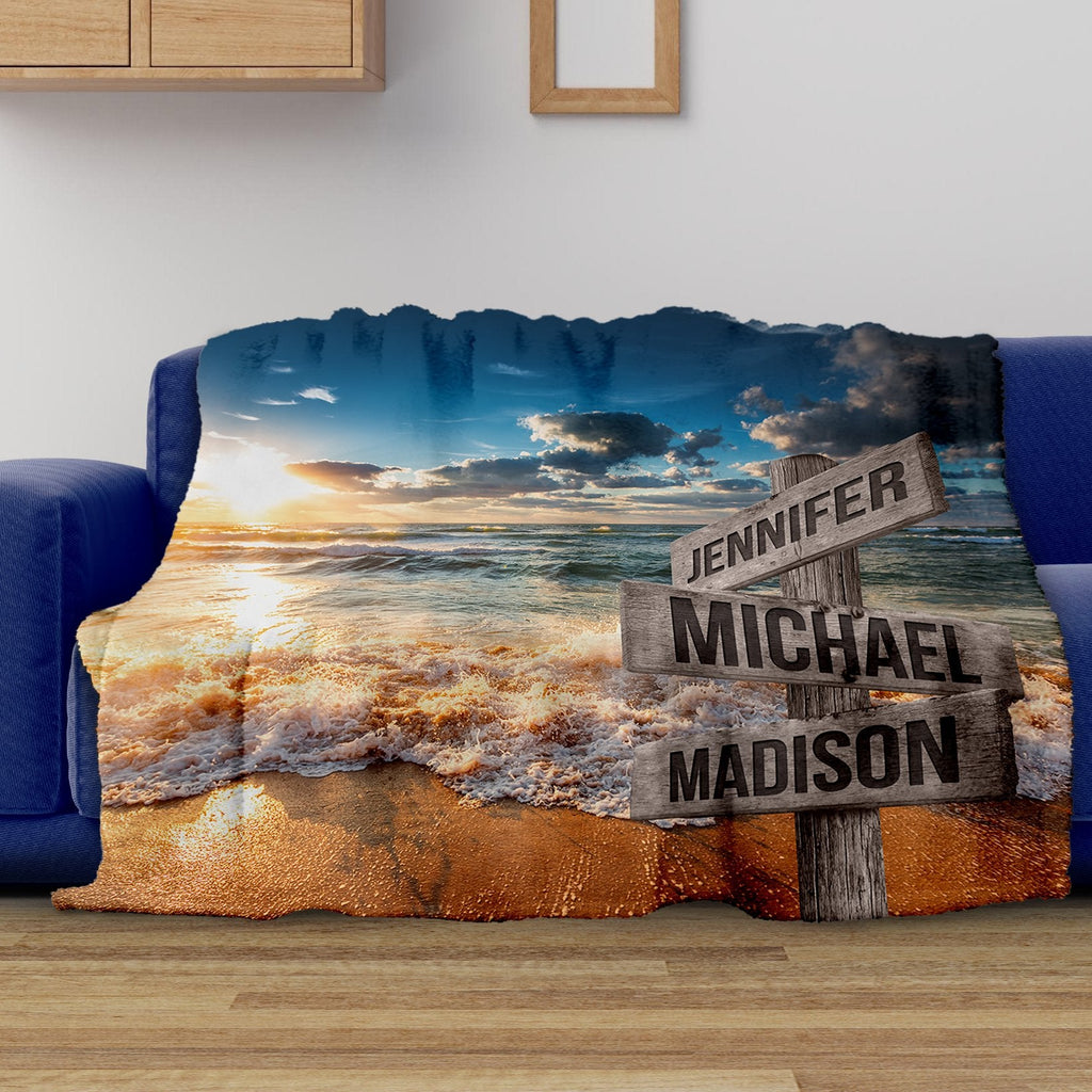 Sunset Beach Ocean Personalized Blanket With Name, Custom Family popular Street Sign, Family Name Sign, Multi Name Fleece Blanket Anniversary Gift