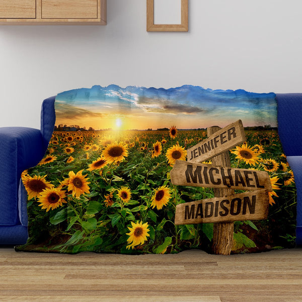 Sunflower Field Color Multi-Names Fleece Blanket