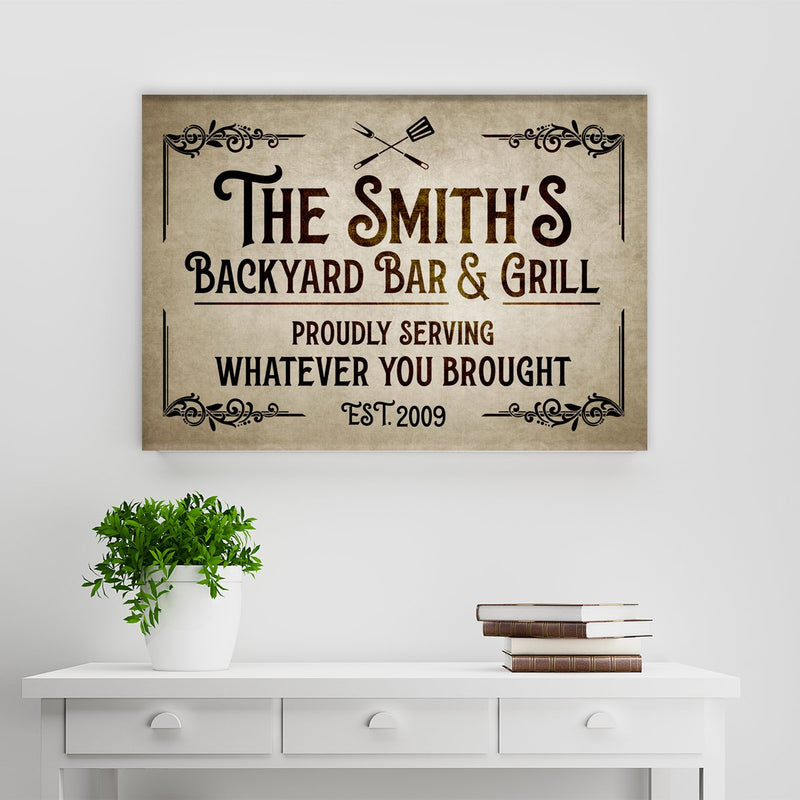 Backyard Bar & Grill Name Premium Canvas