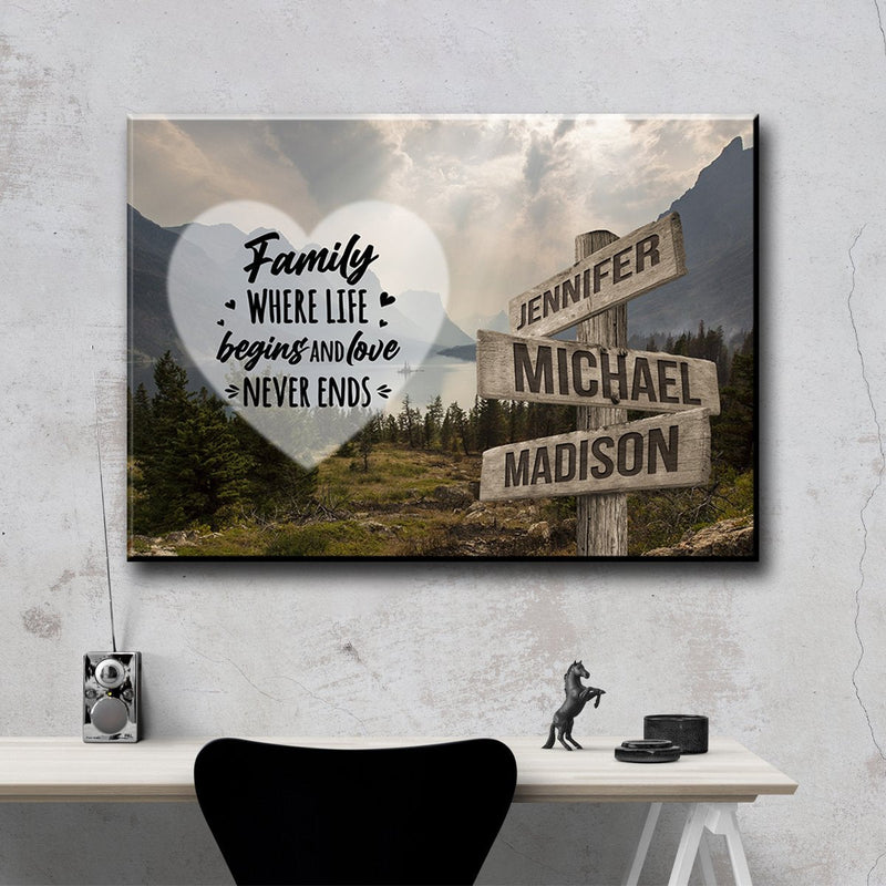 Mountain Range Heart Color Saying 6 Multi-Names Premium Canvas