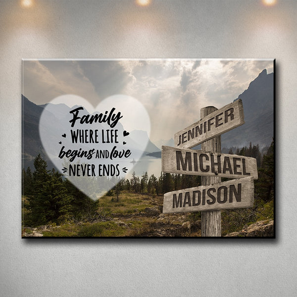 Mountain Range Heart Color Saying 6 Multi-Names Premium Canvas