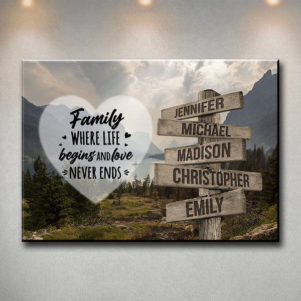 Mountain Range Heart Color Saying 6 Multi-Names Premium Canvas